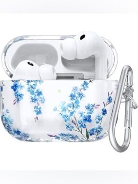 Cute Clear AirPods Case with Blue Floral Design and Keychain